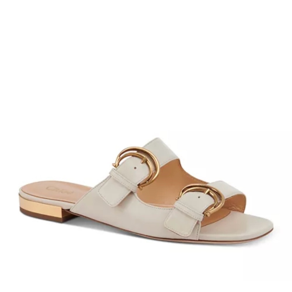 Chloe Cream Leather Sandals with Gold Buckles